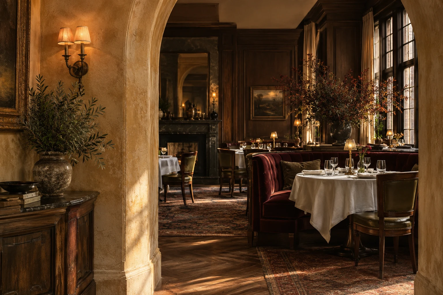 An imagined dining room with a plaster arch, warm walnut, and linen-dressed tables